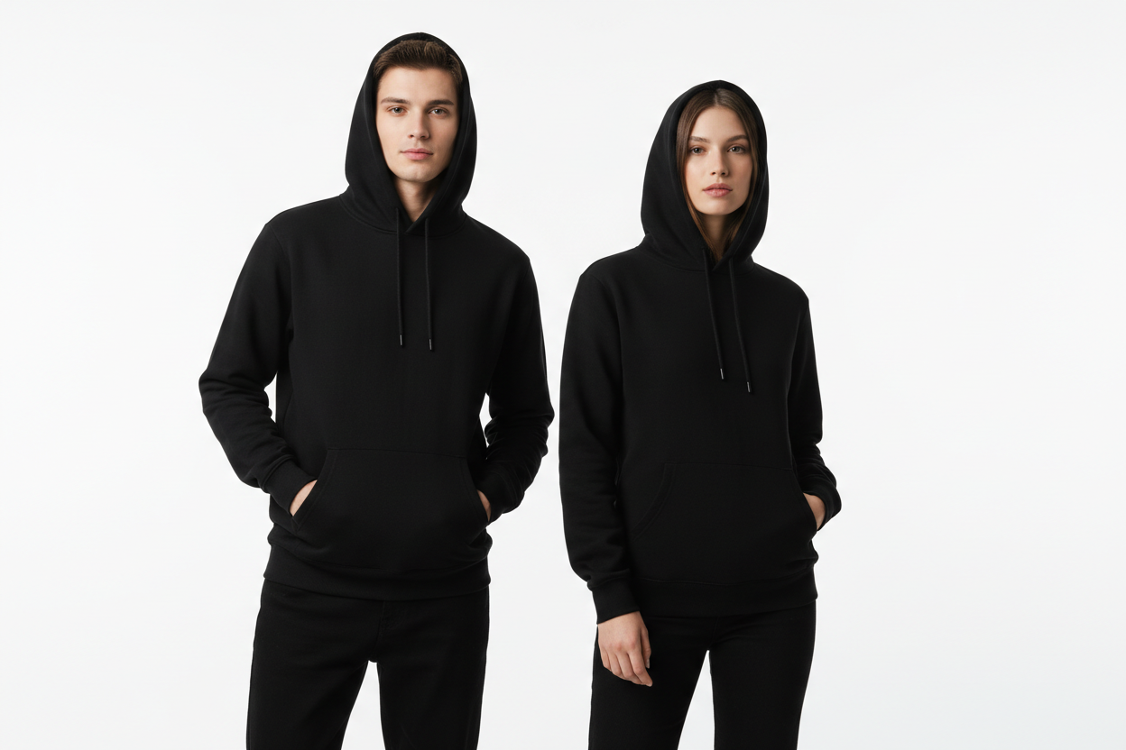 Two models wearing plain black hoodies